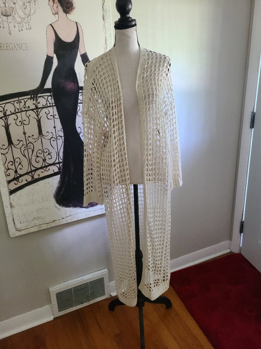 Cream Ivory Crochet Duster SZ L Open Front Hippie Gypsy Bohemian Long Sleeve